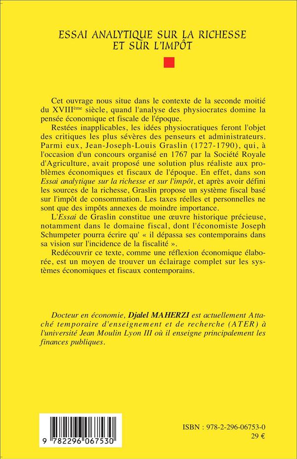 Quatrième de couverture de « ESSAI ANALYTIQUE SUR LA RICHESSE ET SUR L'IMPOT - REEDITION DU TEXTE DE 1911 »