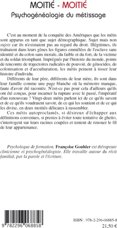 Quatrième de couverture de « MOITIE-MOITIE - PSYCHOGENEALOGIE DU METISSAGE »