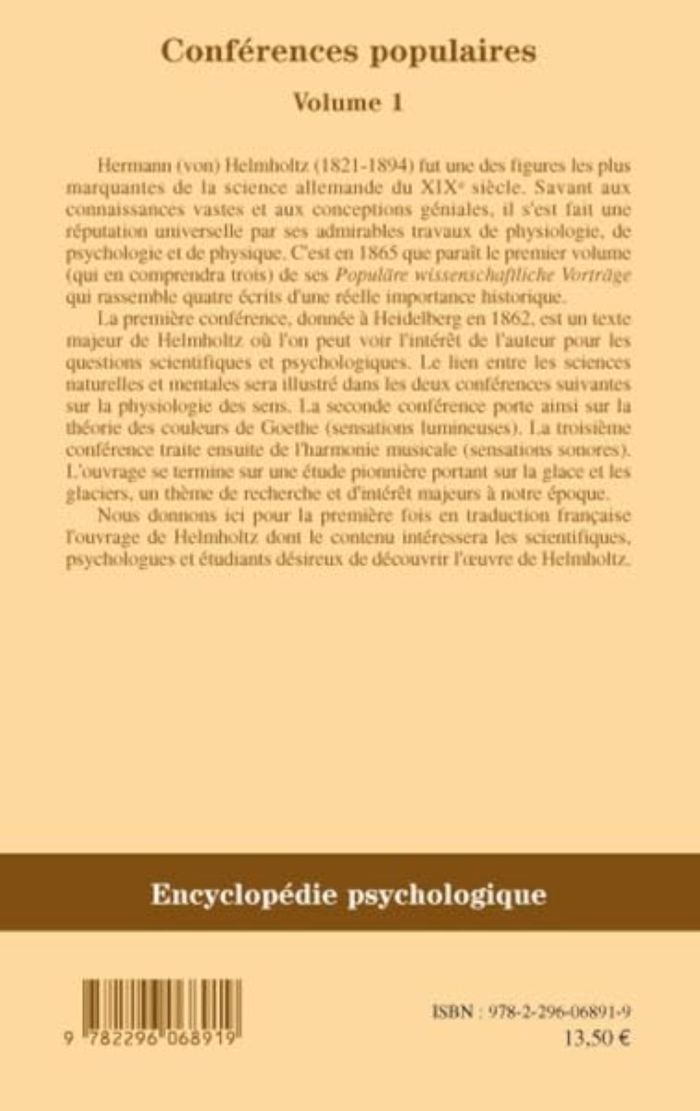 Couverture du livre « CONFERENCES POPULAIRES - VOLUME 1 » de Hermann Helmholtz, librairie Les Contes Infusés à Corte
