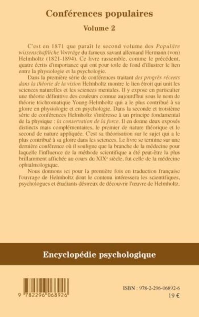 Couverture du livre « CONFERENCES POPULAIRES - VOLUME 2 » de Hermann Helmholtz, librairie Les Contes Infusés à Corte