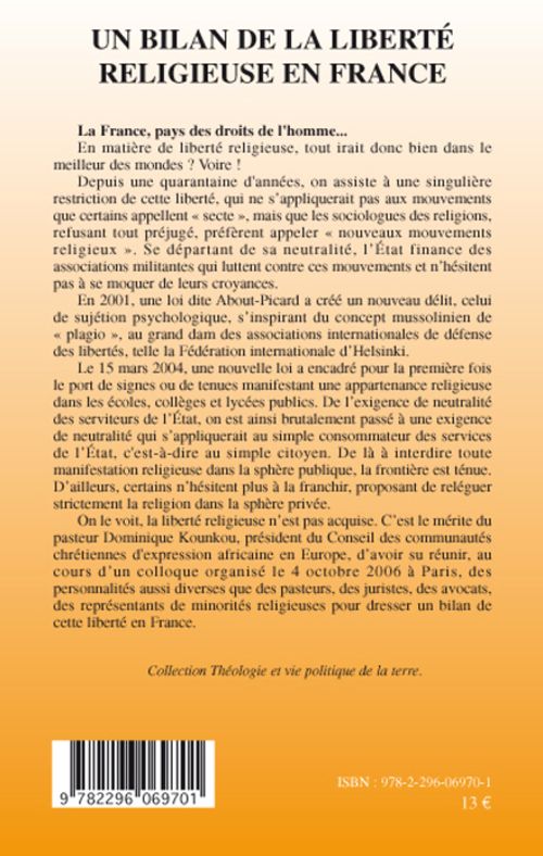 Quatrième de couverture de « UN BILAN DE LA LIBERTE RELIGIEUSE EN FRANCE »