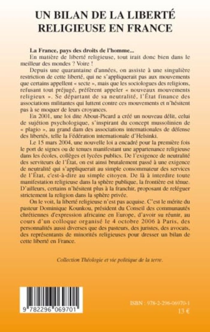 Couverture du livre « UN BILAN DE LA LIBERTE RELIGIEUSE EN FRANCE » de Dominique Kounkou, librairie Les Contes Infusés à Corte