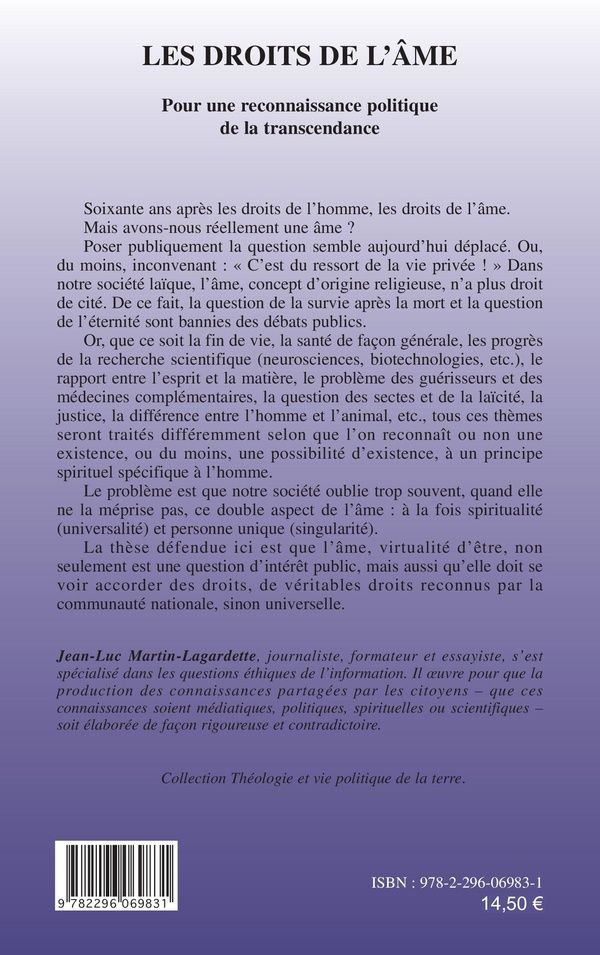 Quatrième de couverture de « LES DROITS DE L'AME - POUR UNE RECONNAISSANCE POLITIQUE DE LA TRANSCENDANCE »