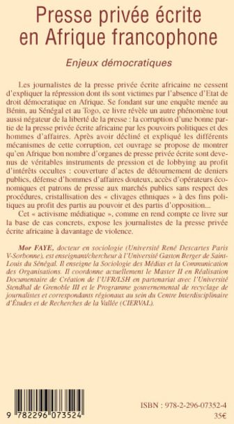 Quatrième de couverture de « PRESSE PRIVEE ECRITE EN AFRIQUE FRANCOPHONE - ENJEUX DEMOCRATIQUES »