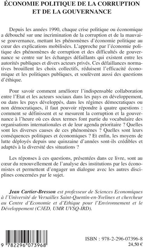 Quatrième de couverture de « ECONOMIE POLITIQUE DE LA CORRUPTION ET DE LA GOUVERNANCE »