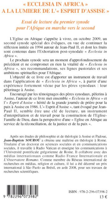 Quatrième de couverture de « ECCLESIA IN AFRICA A LA LUMIERE DE L'ESPRIT D'ASSISE - ESSAI DE LECTURE DU PREMIER SYNODE POUR L'AFR »