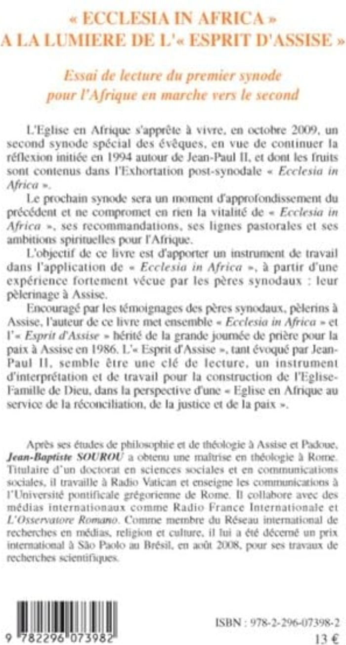 Couverture du livre « ECCLESIA IN AFRICA A LA LUMIERE DE L'ESPRIT D'ASSISE - ESSAI DE LECTURE DU PREMIER SYNODE POUR L'AFR » de Jean-Baptiste Sourou, librairie Les Contes Infusés à Corte