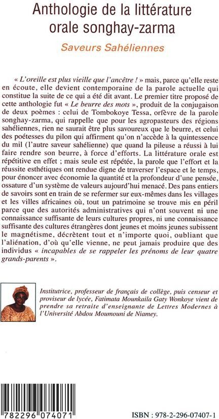 Quatrième de couverture de « ANTHOLOGIE DE LA LITTERATURE ORALE SONGHAY-ZARMA - VOL04 - TOME 4 TEXTES RECREATIFS : CHANTS ET HIST »