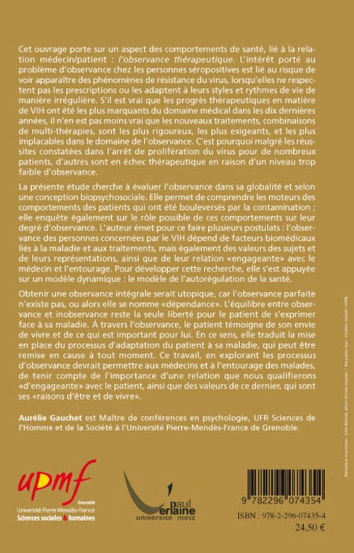Quatrième de couverture de « OBSERVANCE THERAPEUTIQUE ET VIH - ENQUETE SUR LES FACTEURS BIOLOGIQUES ET PSYCHOSOCIAUX »