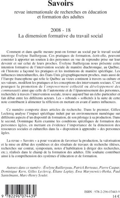 Quatrième de couverture de « LA DIMENSION FORMATIVE DU TRAVAIL SOCIAL - VOL18 »