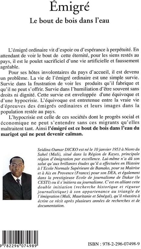 Quatrième de couverture de « EMIGRE - LE BOUT DE BOIS DANS L'EAU - RECIT »