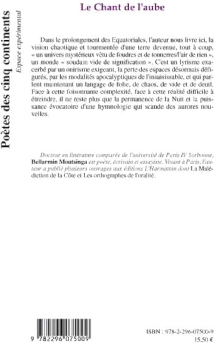 Couverture du livre « LE CHANT DE L'AUBE » de Bellarmin Moutsinga, librairie Les Contes Infusés à Corte