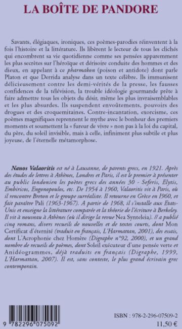 Quatrième de couverture de « LA BOITE DE PANDORE - TRANSFORMATIONS - SUIVI DE LE CHATEAU D'ALEP »