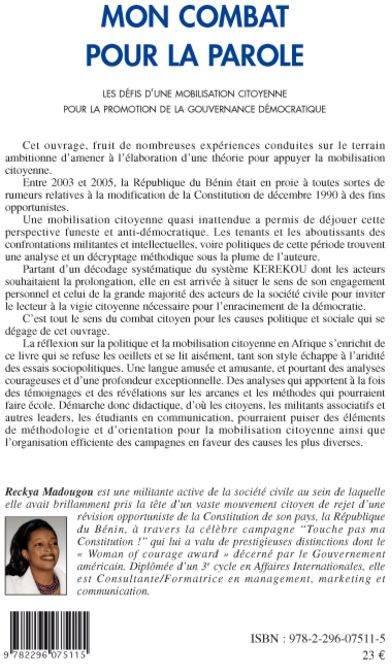 Quatrième de couverture de « MON COMBAT POUR LA PAROLE - LES DEFIS D'UNE MOBILISATION CITOYENNE POUR LA PROMOTION DE LA GOUVERNAN »