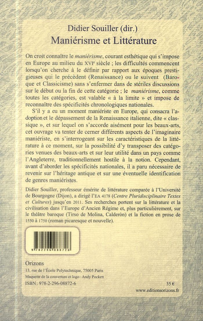 Quatrième de couverture de « MANIERISME ET LITTERATURE »