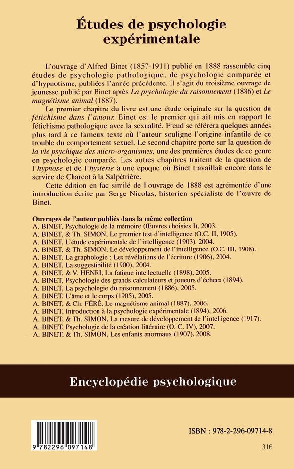 Quatrième de couverture de « ETUDES DE PSYCHOLOGIE EXPERIMENTALE »
