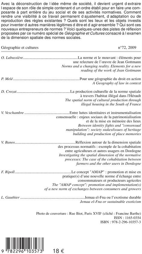Quatrième de couverture de « ESPACES ET NORMES SOCIALES - VOL72 »