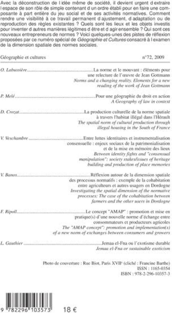 Couverture du livre « ESPACES ET NORMES SOCIALES - VOL72 » de Vincent Banos, librairie Les Contes Infusés à Corte