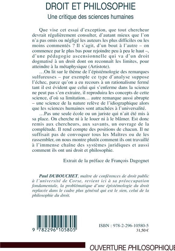 Quatrième de couverture de « DROIT ET PHILOSOPHIE - UNE CRITIQUE DES SCIENCES HUMAINES »