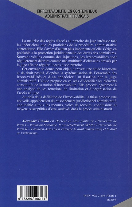 Quatrième de couverture de « L'IRRECEVABILITE EN CONTENTIEUX ADMINISTRATIF FRANCAIS »