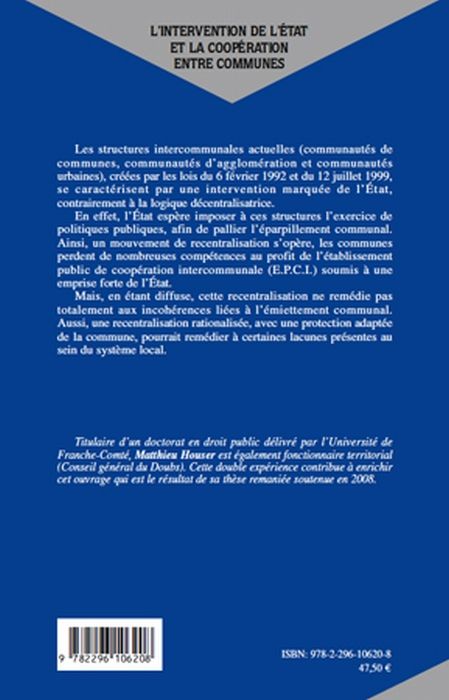 Quatrième de couverture de « L'INTERVENTION DE L'ETAT ET LA COOPERATION ENTRE COMMUNES »