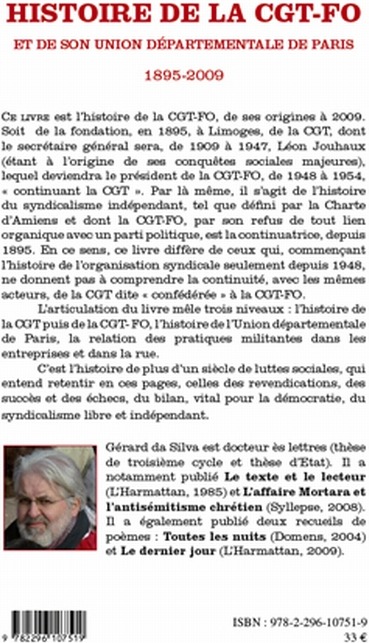 Quatrième de couverture de « HISTOIRE DE LA CGT-FO ET DE SON UNION DEPARTEMENTALE DE PARIS (1895-2009) »