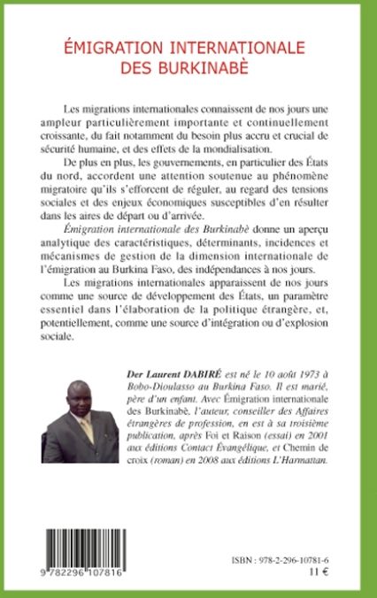 Quatrième de couverture de « EMIGRATION INTERNATIONALE DES BURKINABE »
