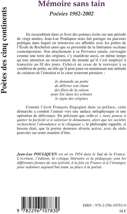 Quatrième de couverture de « MEMOIRE SANS TAIN - POESIES 1982-2002 »