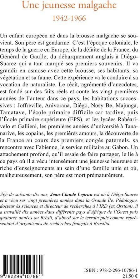 Quatrième de couverture de « UNE JEUNESSE MALGACHE - 1942-1966 »