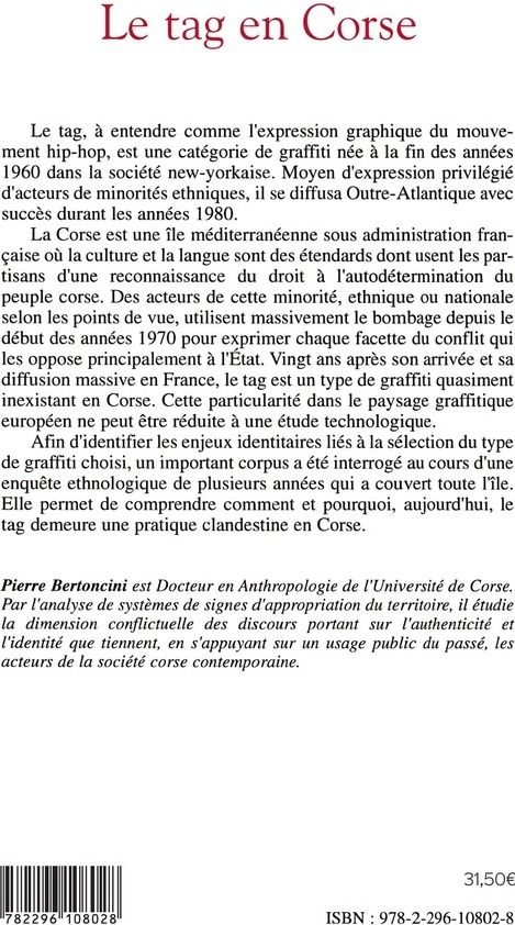 Quatrième de couverture de « LE TAG EN CORSE - ANALYSE D'UNE PRATIQUE CLANDESTINE »