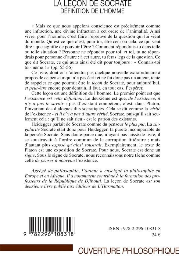 Quatrième de couverture de « LA LECON DE SOCRATE - DEFINITION DE L'HOMME »