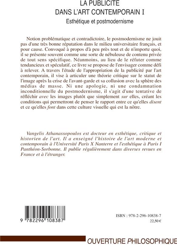 Quatrième de couverture de « LA PUBLICITE DANS L'ART CONTEMPORAIN (T I) - ESTHETIQUE ET POSTMODERNISME »