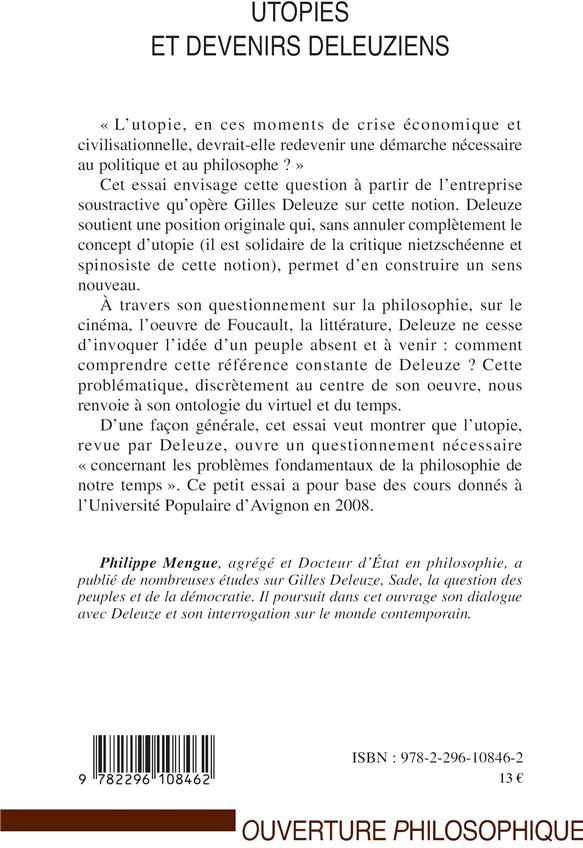 Quatrième de couverture de « UTOPIES ET DEVENIRS DELEUZIENS »