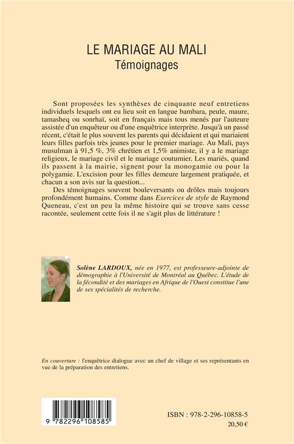 Quatrième de couverture de « LE MARIAGE AU MALI - TEMOIGNAGES »
