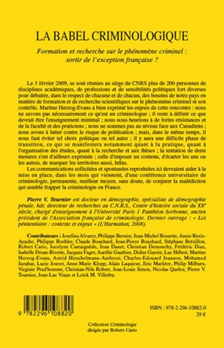 Quatrième de couverture de « LA BABEL CRIMINOLOGIQUE - FORMATION ET RECHERCHE SUR LE PHENOMENE CRIMINEL : SORTIR DE L'EXCEPTION F »