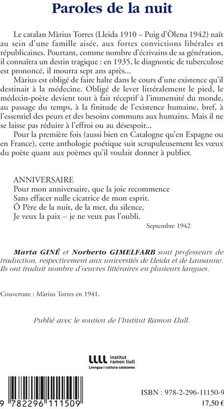 Quatrième de couverture de « PAROLES DE LA NUIT - ANTHOLOGIE POETIQUE BILINGUE CATALAN/FRANCAIS »