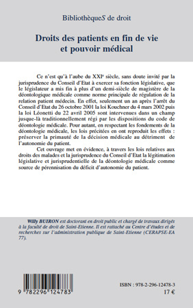 Quatrième de couverture de « DROITS DES PATIENTS EN FIN DE VIE ET POUVOIR MEDICAL »
