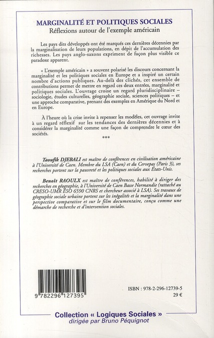 Quatrième de couverture de « MARGINALITE ET POLITIQUES SOCIALES - REFLEXIONS AUTOUR DE L'EXEMPLE AMERICAIN »