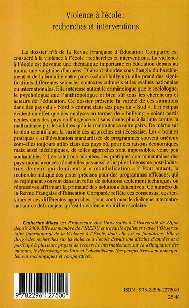 Quatrième de couverture de « VIOLENCE A L'ECOLE : RECHERCHES ET INTERVENTIONS - VOL06 »
