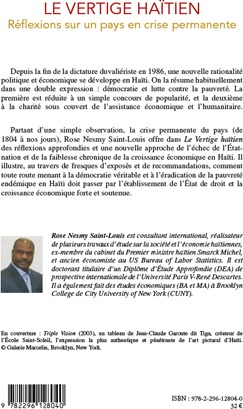 Quatrième de couverture de « LE VERTIGE HAITIEN - REFLEXIONS SUR UN PAYS EN CRISE PERMANENTE »
