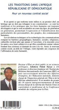 Quatrième de couverture de « LES TRADITIONS DANS L'AFRIQUE REPUBLICAINE ET DEMOCRATIQUE - POUR UNE NOUVEAU CONTRAT SOCIAL »