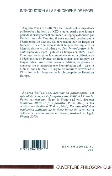 Quatrième de couverture de « INTRODUCTION A LA PHILOSOPHIE DE HEGEL - SUIVANT L'EDITION DE 1864 »
