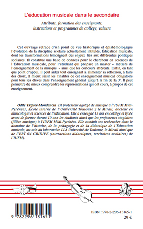 Quatrième de couverture de « L'EDUCATION MUSICALE DANS LE SECONDAIRE - ATTRIBUTS, FORMATION DES ENSEIGNANTS, INSTRUCTIONS ET PROG »