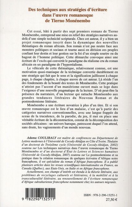 Quatrième de couverture de « DES TECHNIQUES AUX STRATEGIES D'ECRITURE DANS L'OEUVRE ROMANESQUE DE TIERNO MONEMEMBO »