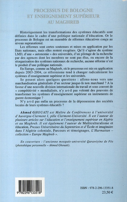 Quatrième de couverture de « PROCESSUS DE BOLOGNE ET ENSEIGNEMENT SUPERIEUR AU MAGHREB »