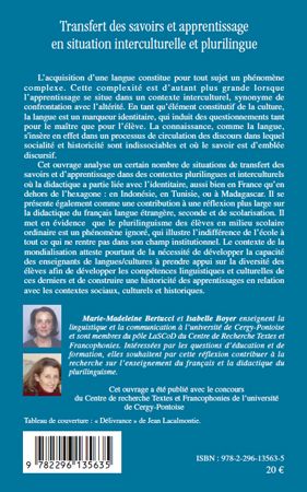 Quatrième de couverture de « TRANSFERT DES SAVOIRS ET APPRENTISSAGE EN SITUATION INTERCULTURELLE ET PLURILINGUE »