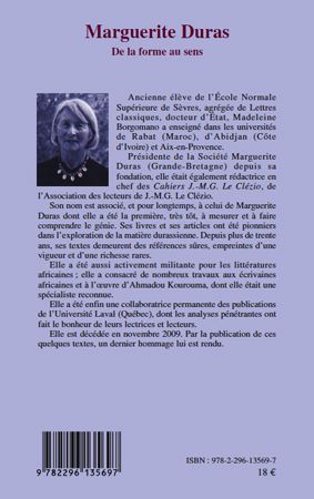 Quatrième de couverture de « MARGUERITE DURAS - DE LA FORME AU SENS »