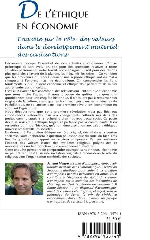 Quatrième de couverture de « DE L'ETHIQUE EN ECONOMIE »