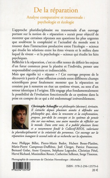 Quatrième de couverture de « DE LA REPARATION - PSYCHOLOGIE ET ECOLOGIE »