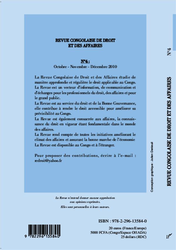 Quatrième de couverture de « REVUE CONGOLAISE DE DROIT ET DES AFFAIRES N  4 - OCTOBRE - NOVEMBRE - DECEMBRE 2010 »